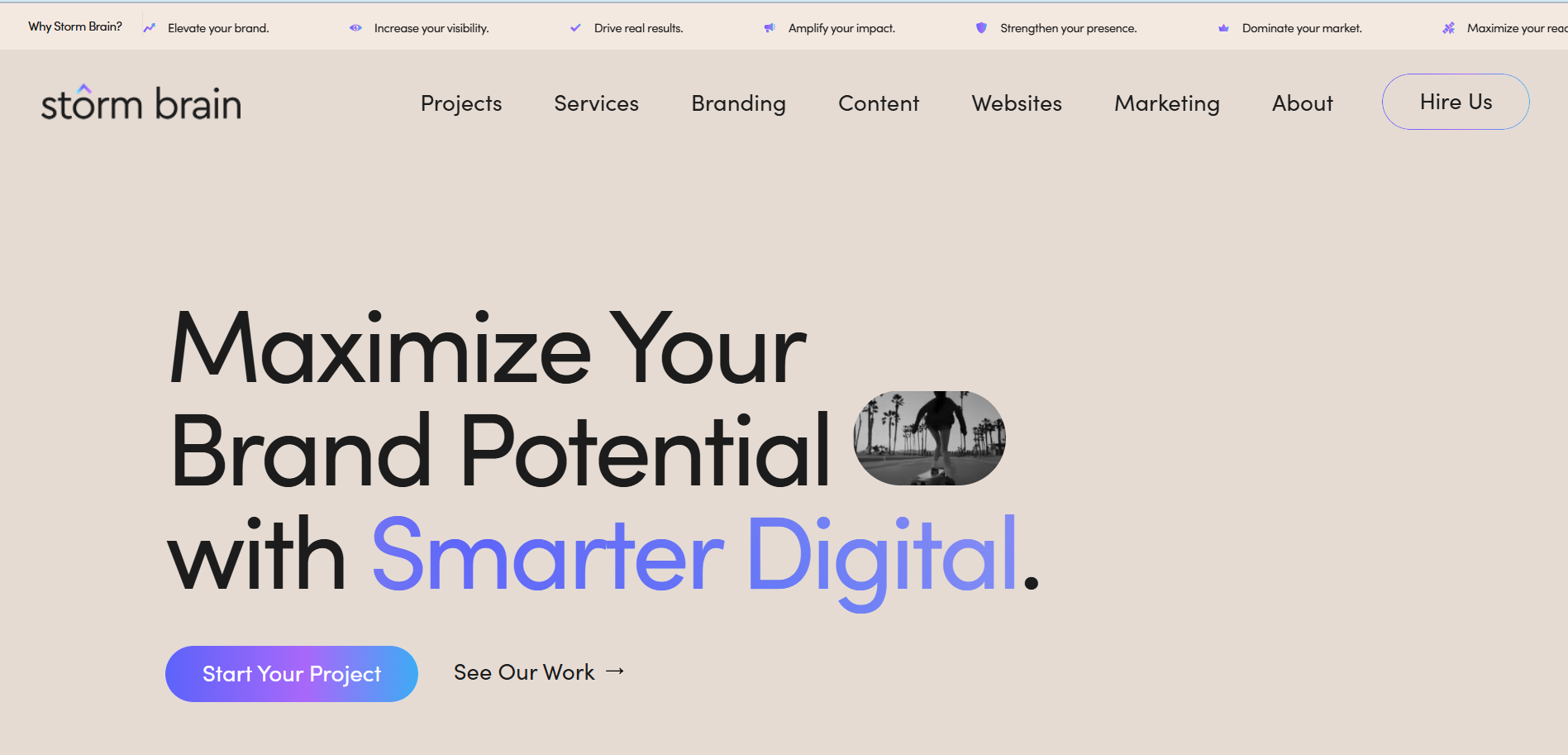 Storm Brain digital agency homepage showcasing brand potential maximization through smarter digital marketing and international SEO