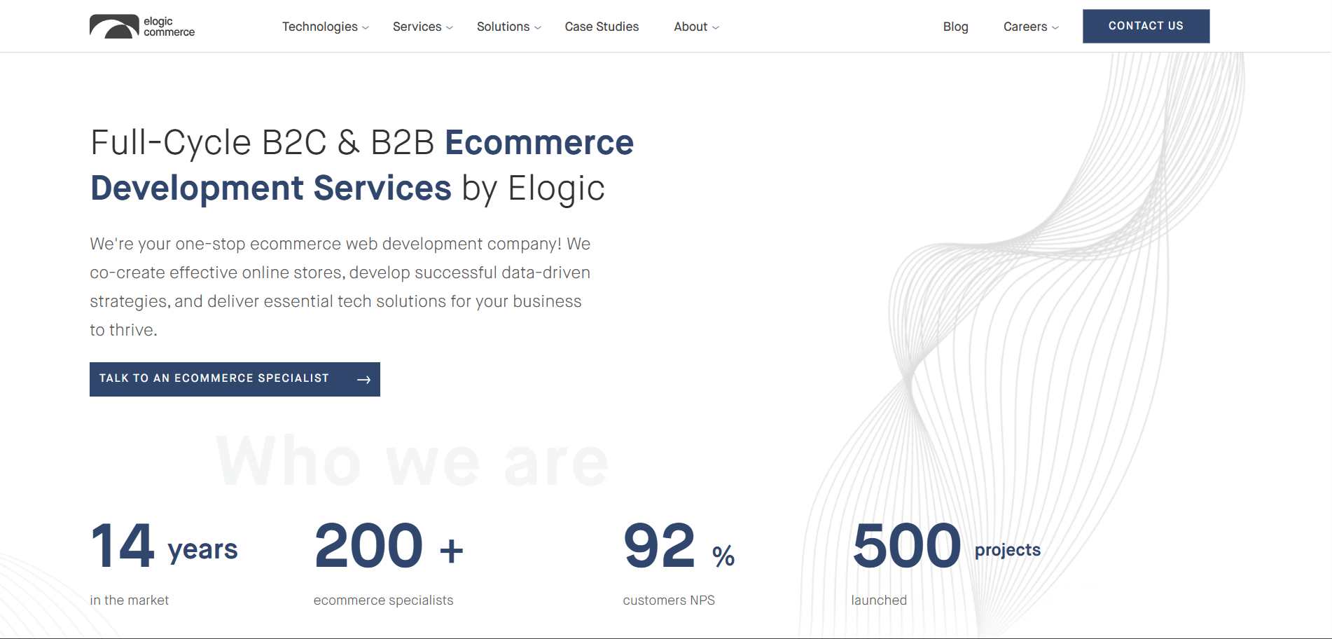 Elogic Commerce B2B eCommerce development homepage showing full-cycle services for Magento and multilingual platforms