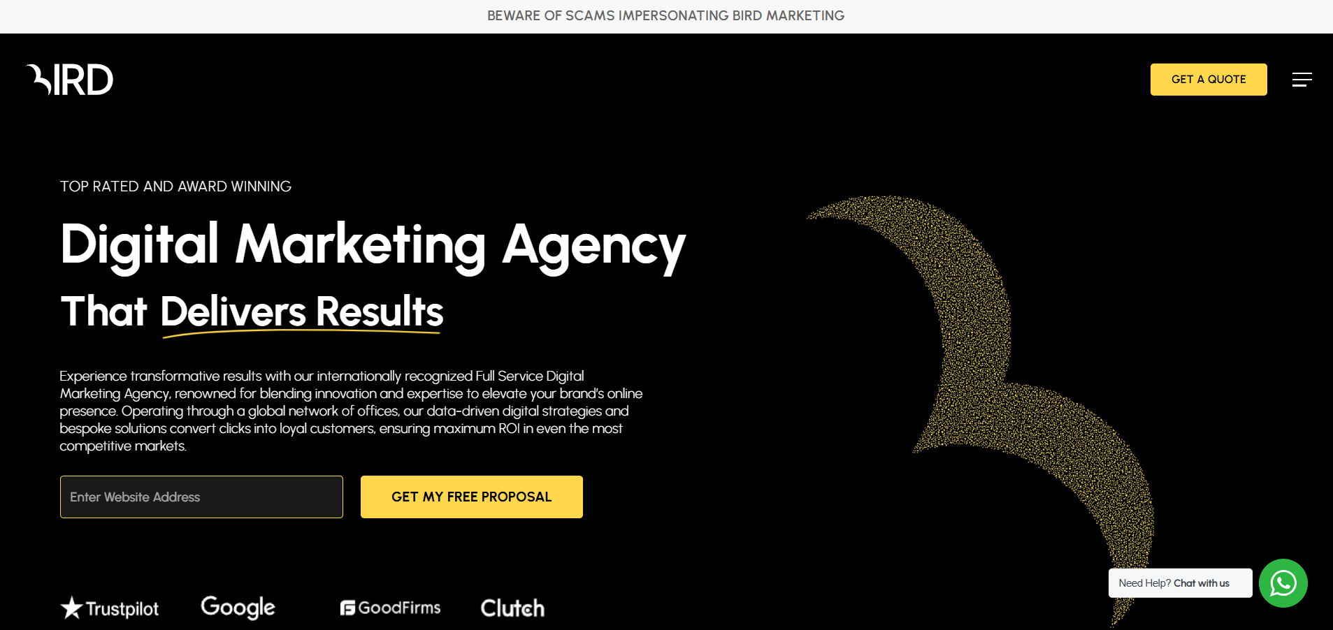 Bird Marketing digital agency homepage featuring international SEO services and top-rated client satisfaction scores