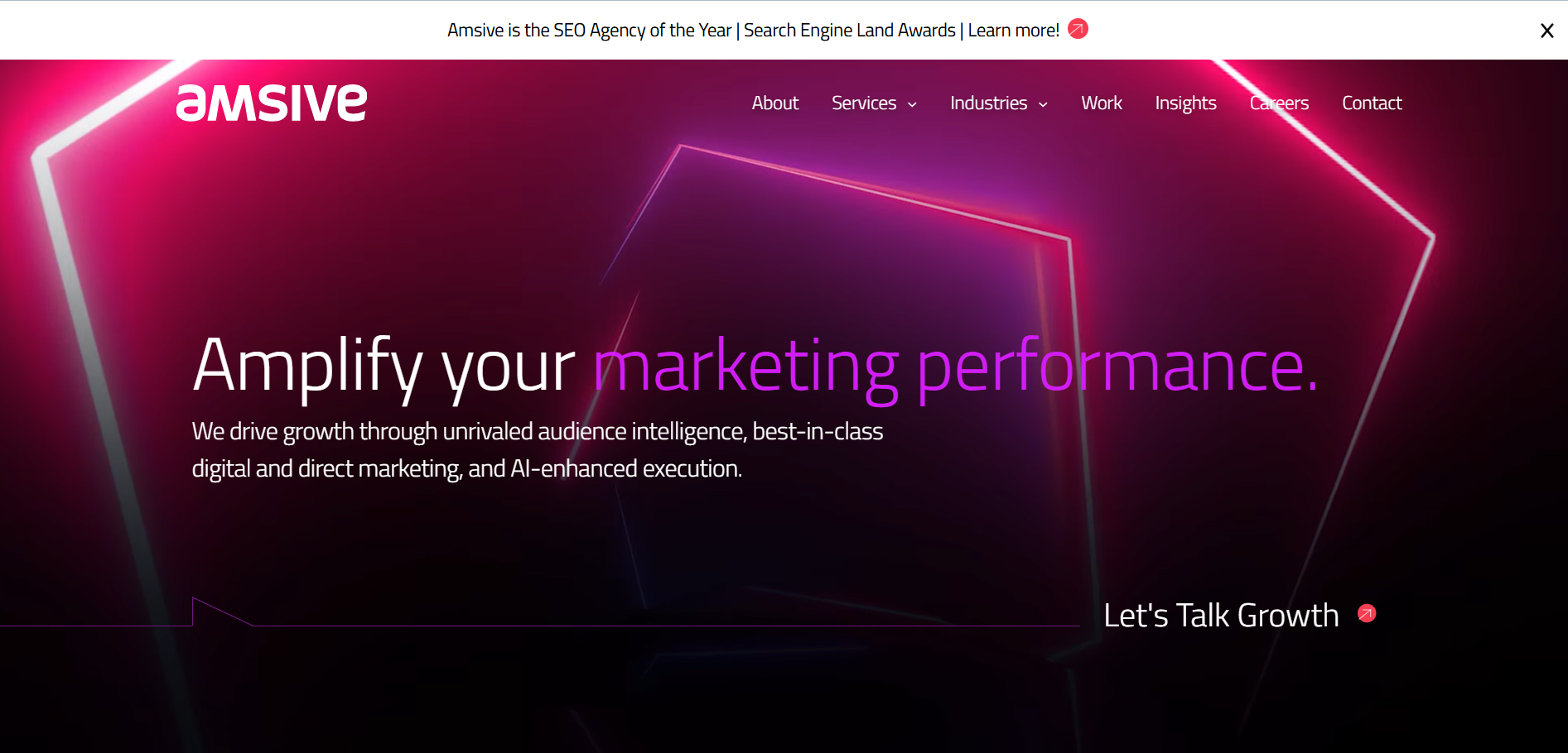 Amsive enterprise marketing agency homepage emphasizing multi-channel performance and AI-enhanced execution