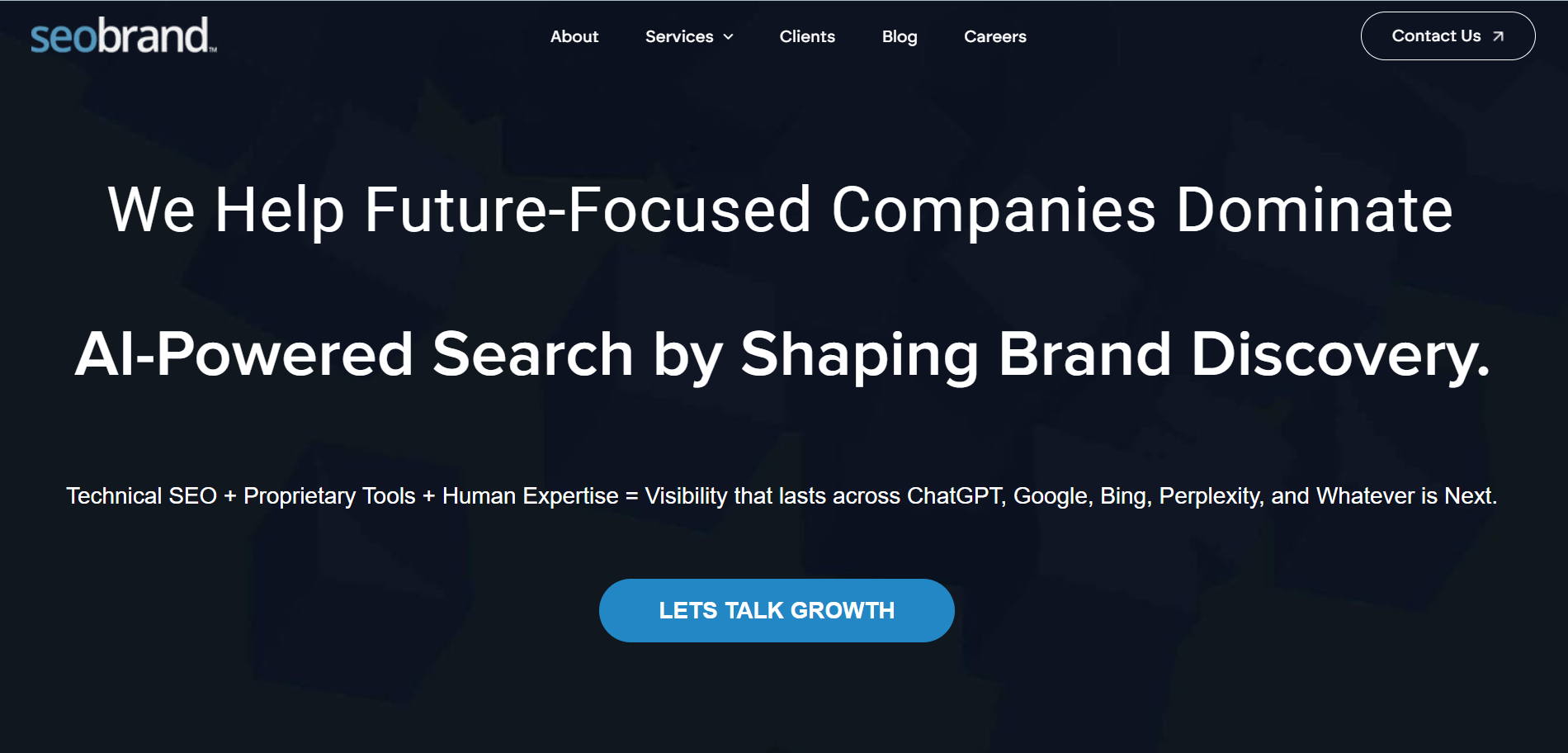 SEO Brand enterprise agency homepage showcasing AI-powered search and brand discovery across multiple platforms