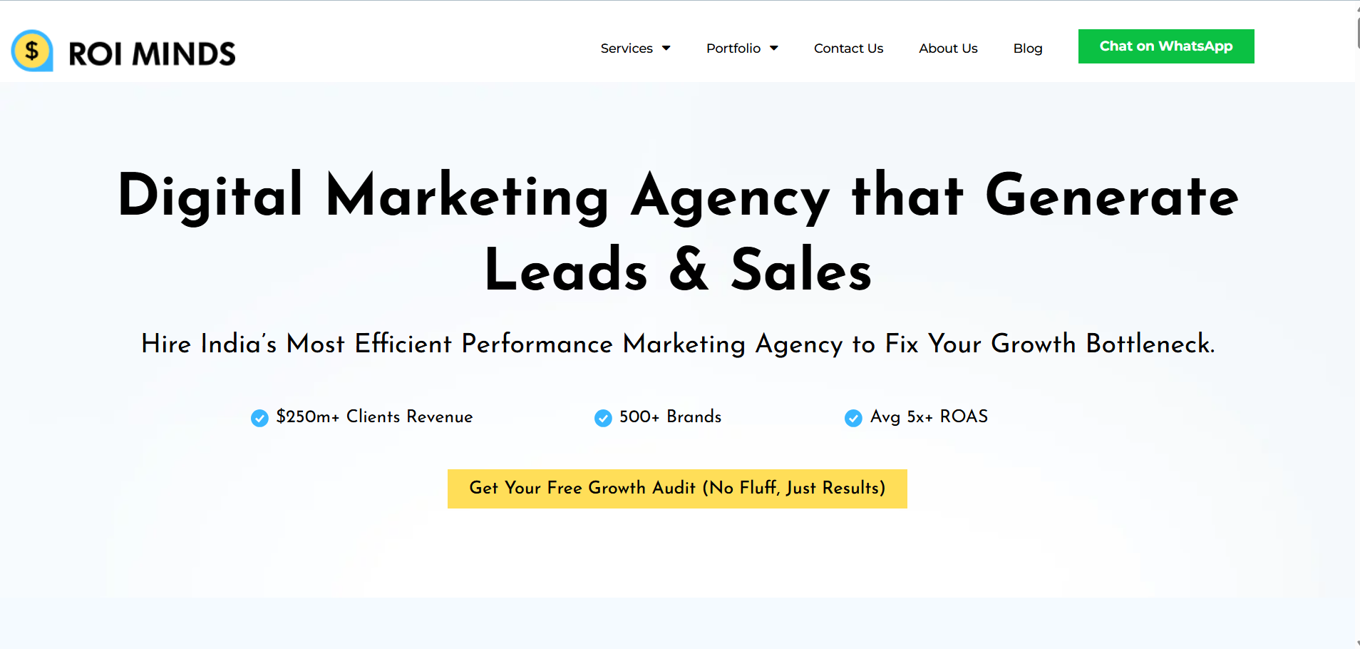 ROI Minds digital marketing agency homepage - performance marketing and lead generation services