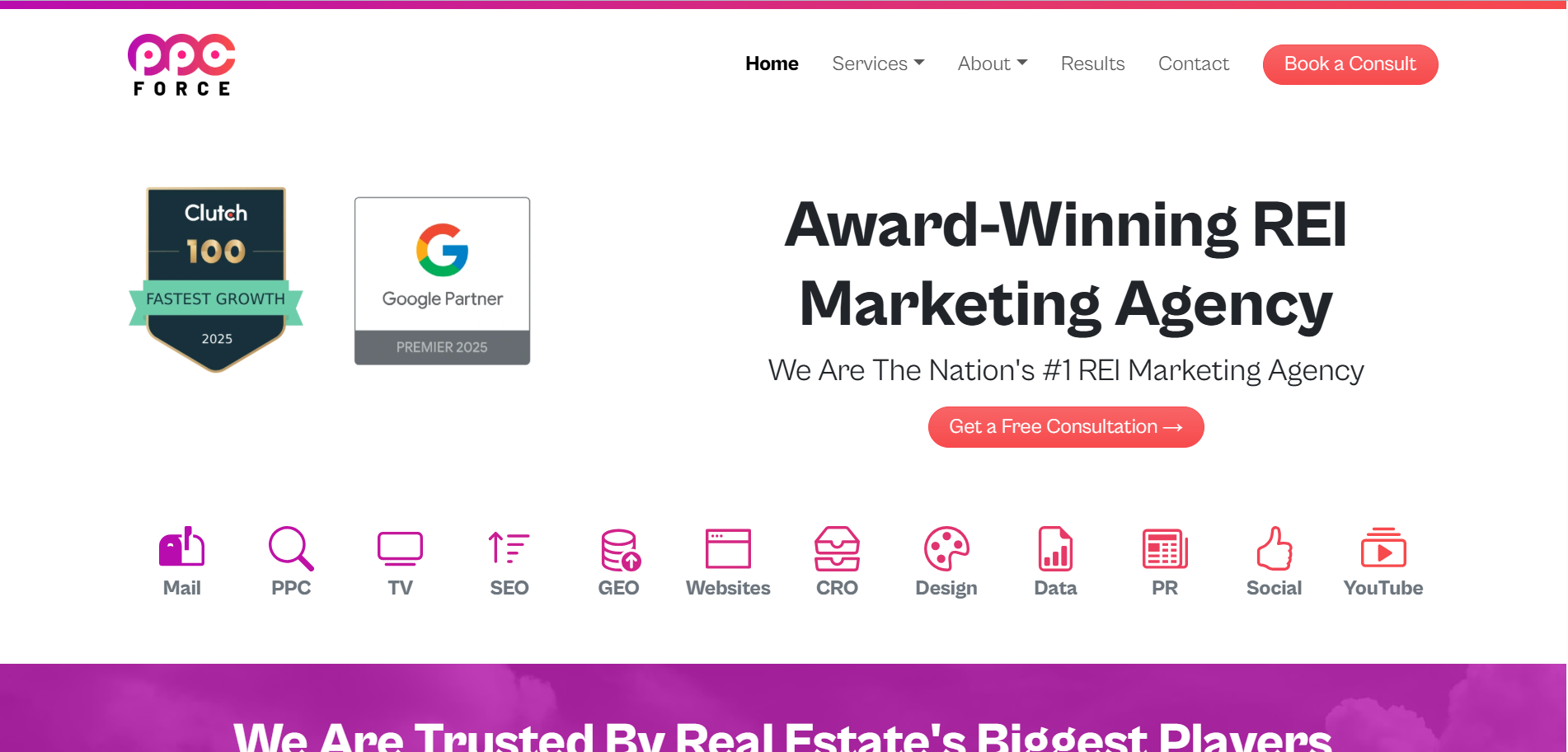 PPC Force real estate investment marketing agency homepage - award-winning REI digital marketing