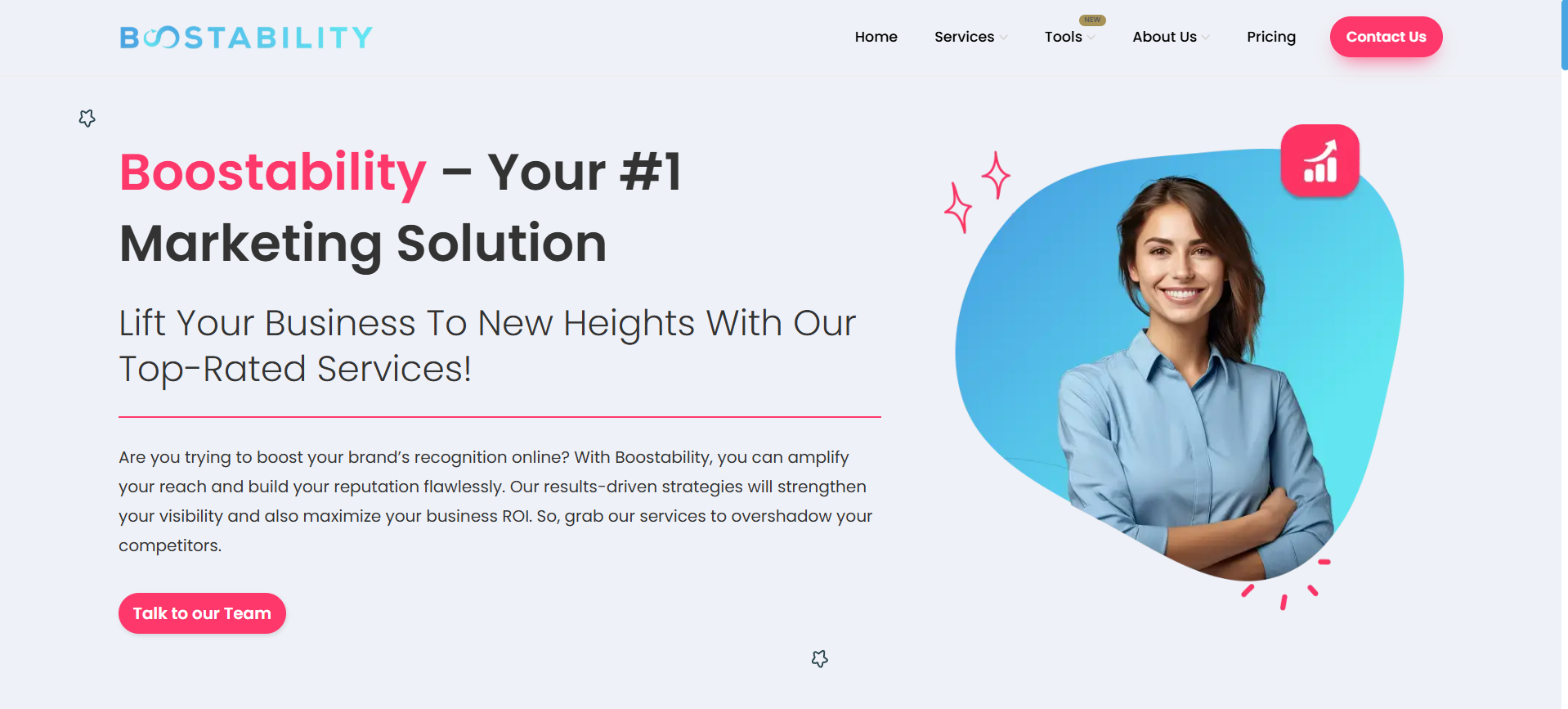 Boostability affordable SEO marketing solution homepage targeting small businesses with accessible digital visibility services