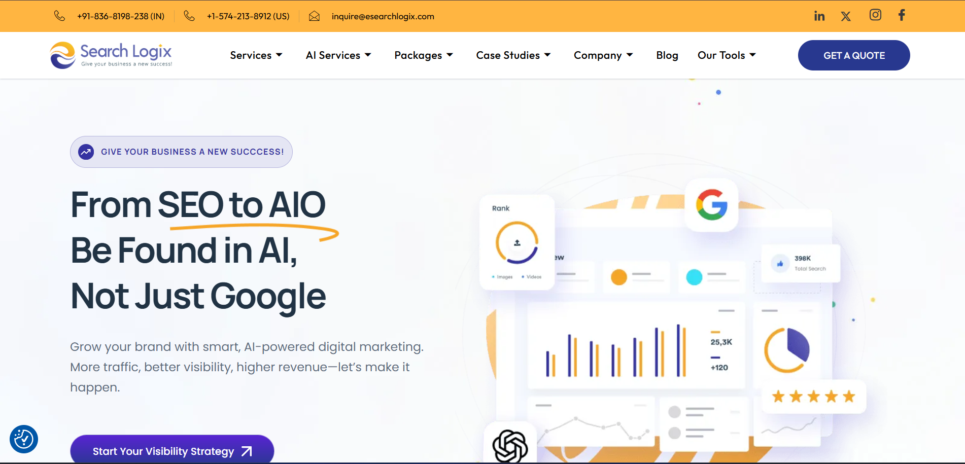 eSearch Logix technical SEO agency homepage promoting AI-powered optimization services for international logistics companies