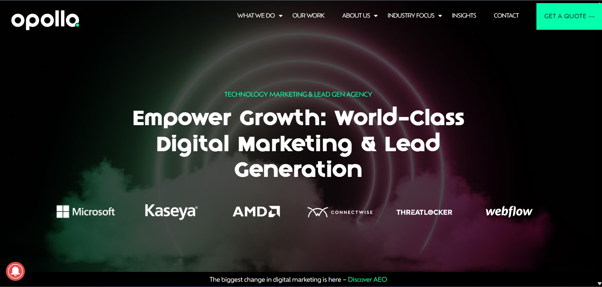 Opollo technology marketing agency homepage featuring MSP cybersecurity digital lead generation for enterprise clients