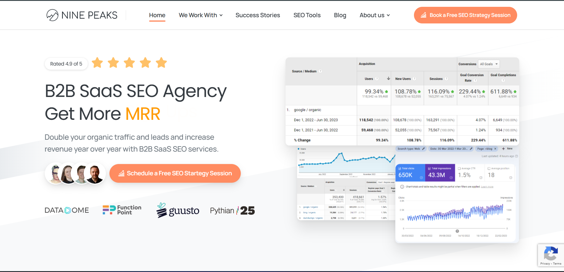 Nine Peaks B2B SaaS SEO agency homepage showing organic growth strategies and MRR increases for cybersecurity firms