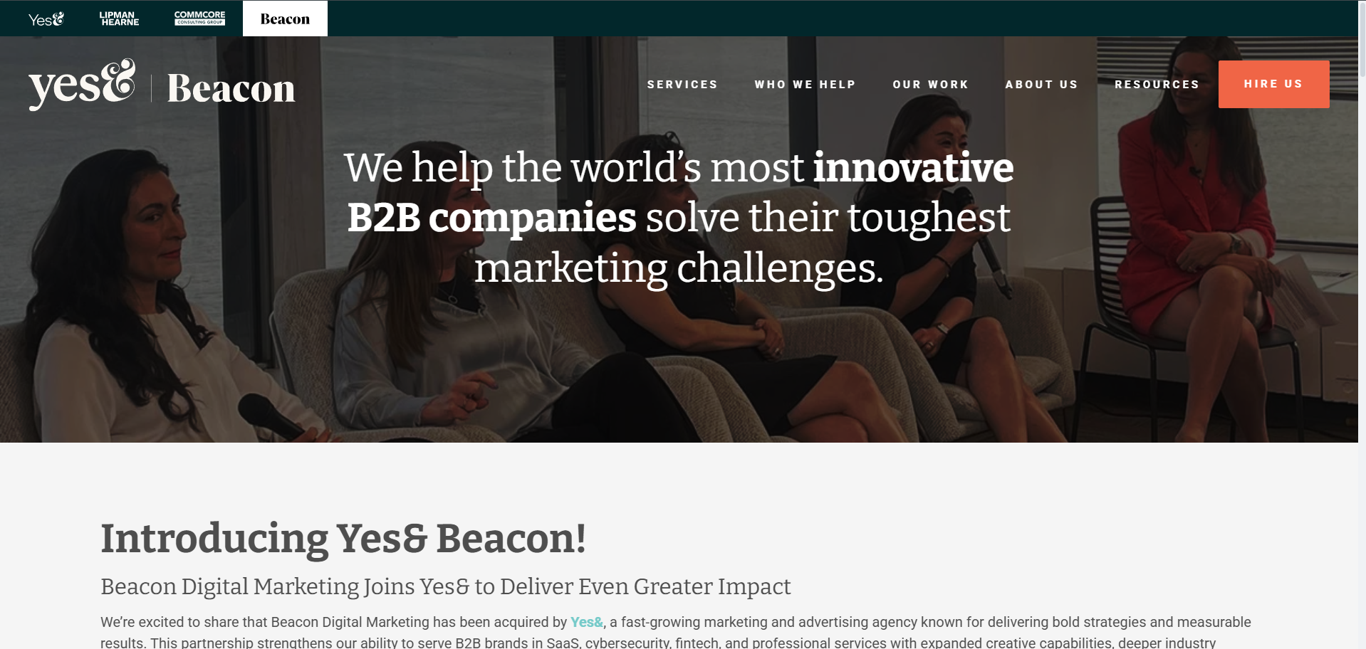 Yes& Beacon B2B marketing agency homepage for innovative companies solving cybersecurity challenges with digital strategies