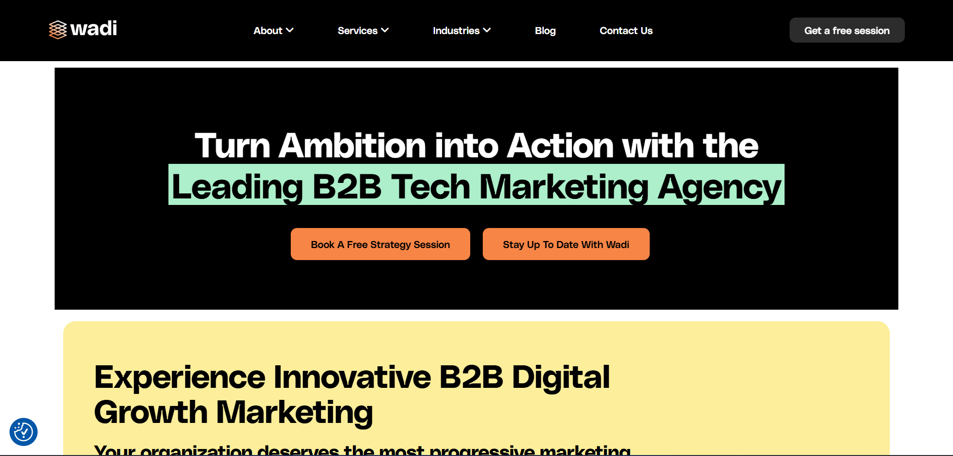 Wadi Digital B2B tech marketing agency homepage for cybersecurity growth with innovative digital strategies
