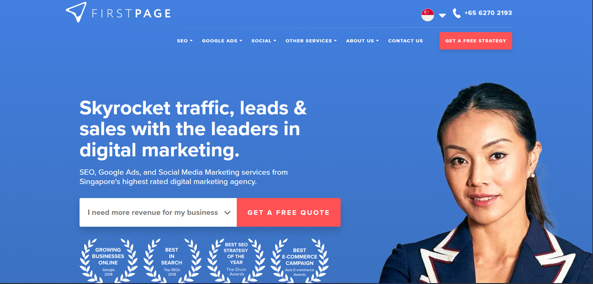  First Page Digital Singapore agency homepage with SEO services for APAC customer success markets