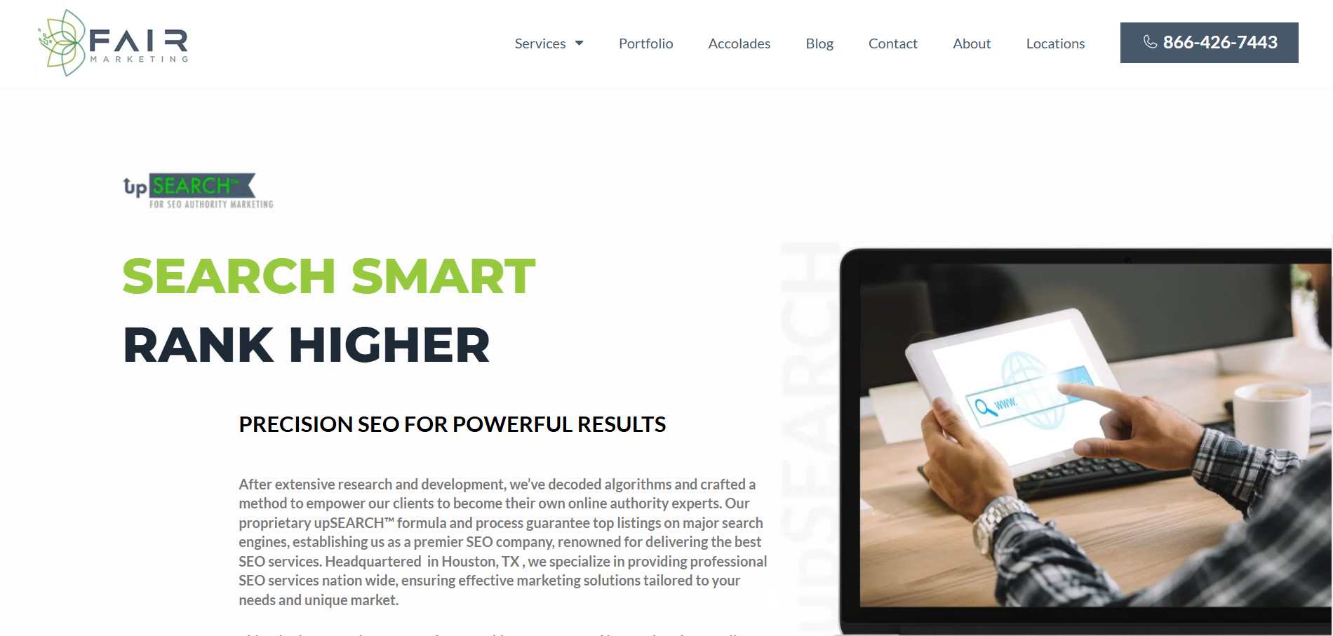 Fair Marketing SEO agency homepage emphasizing precision optimization and data-driven strategies for powerful results