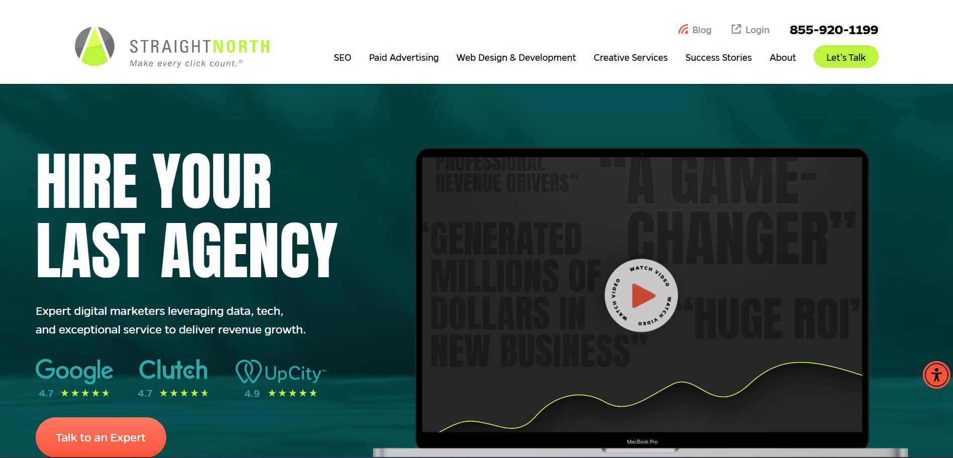 0: Straight North Alt Text: Straight North digital marketing agency homepage featuring Hire Your Last Agency positioning statement