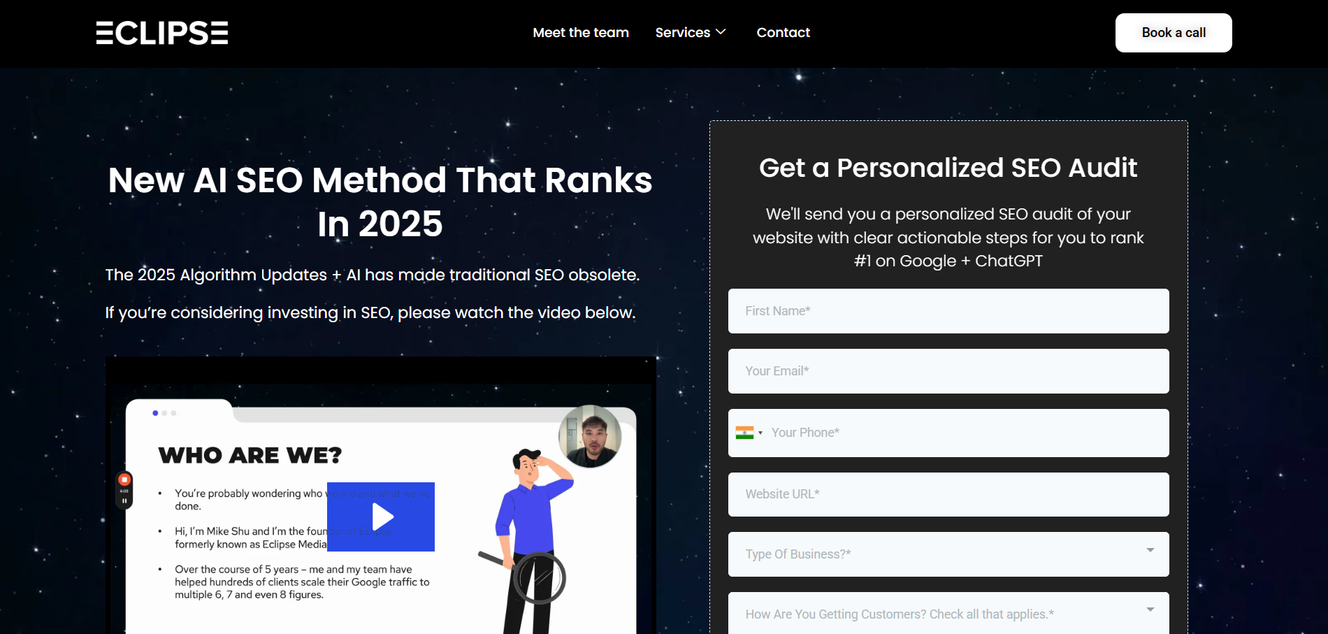  Eclipse Marketing agency homepage featuring AI SEO method and personalized audit for Google and ChatGPT ranking
