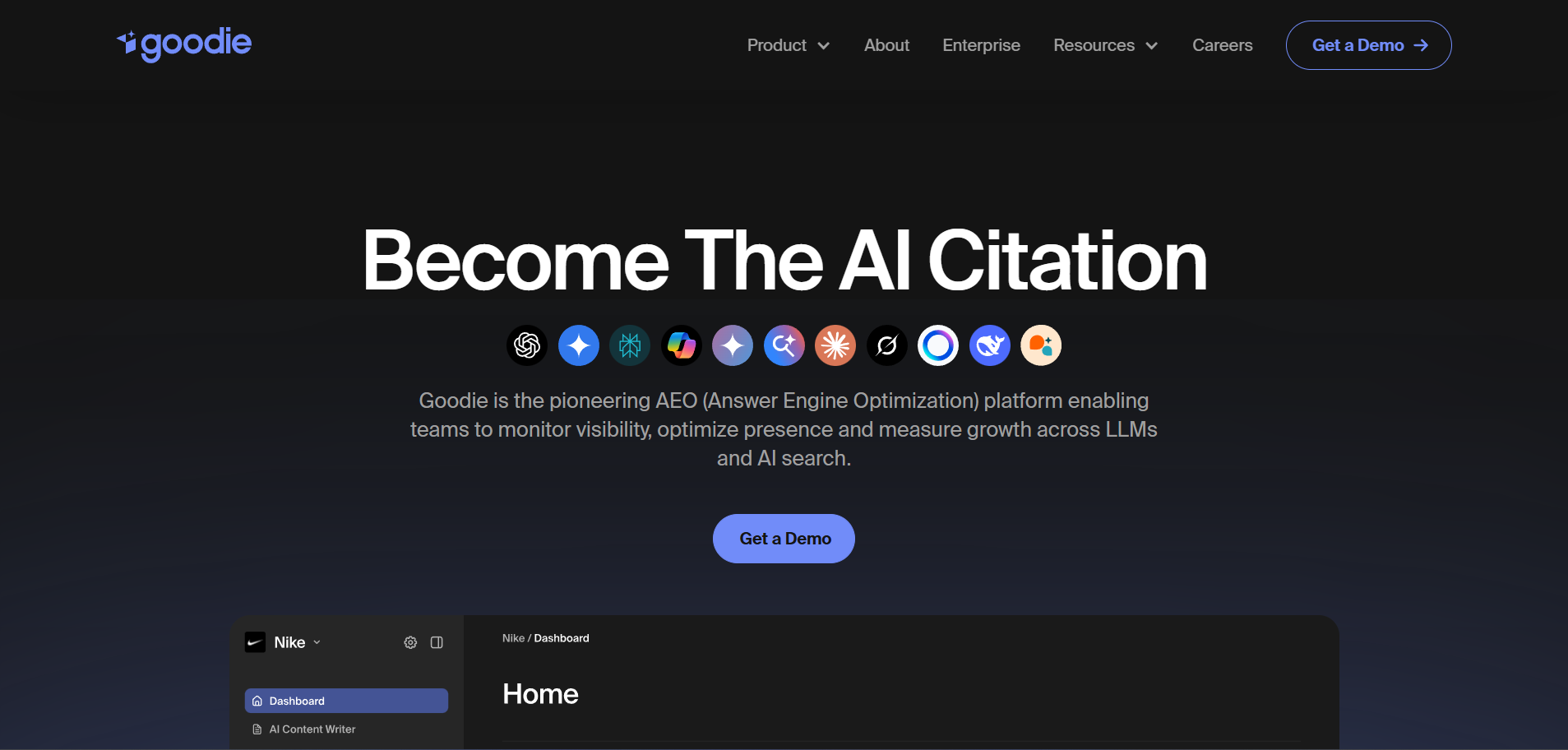  Goodie AEO platform homepage featuring AI citation tracking across multiple LLMs and search engines