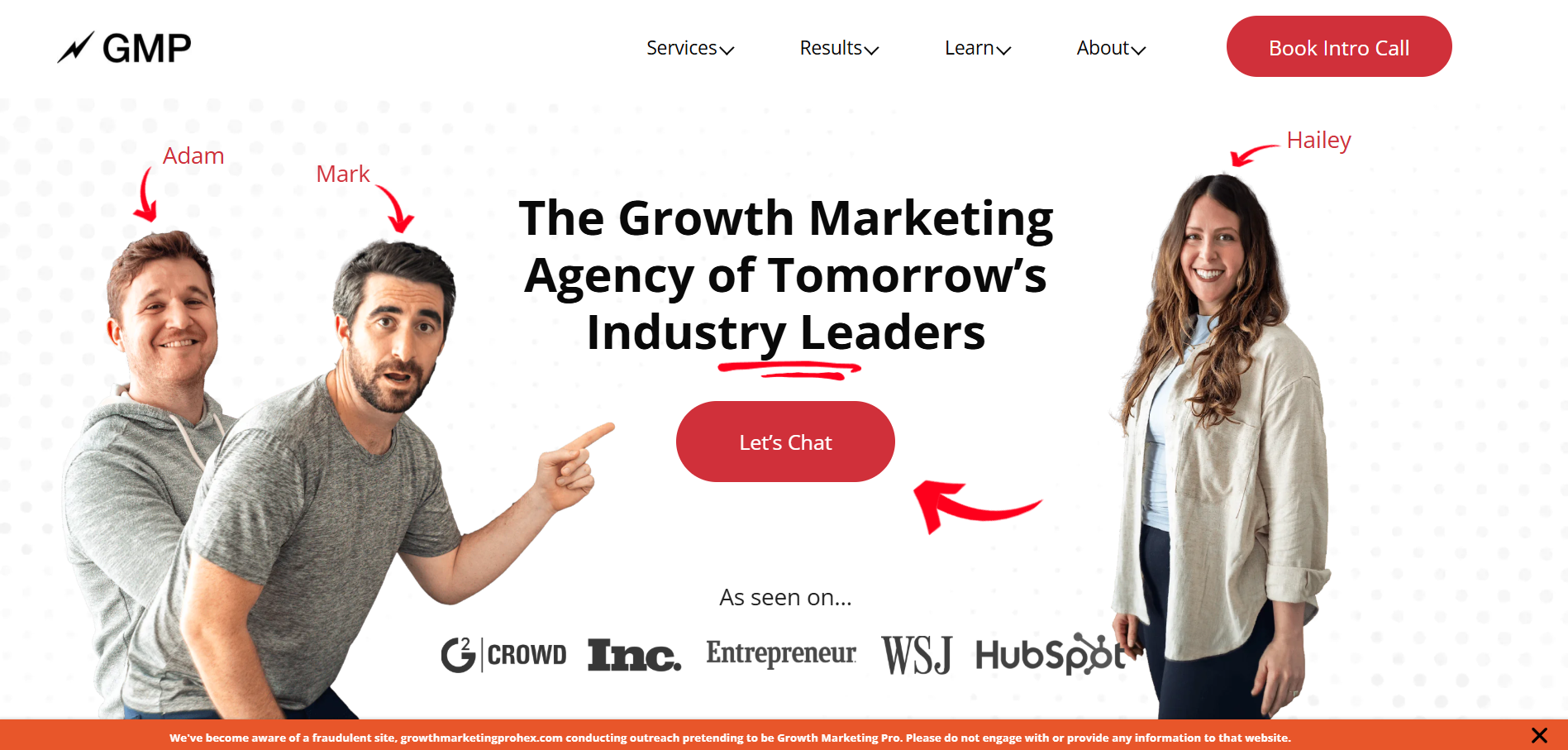  Growth Marketing Pro agency homepage featuring tomorrow's industry leaders approach with founder-focused team and data strategies