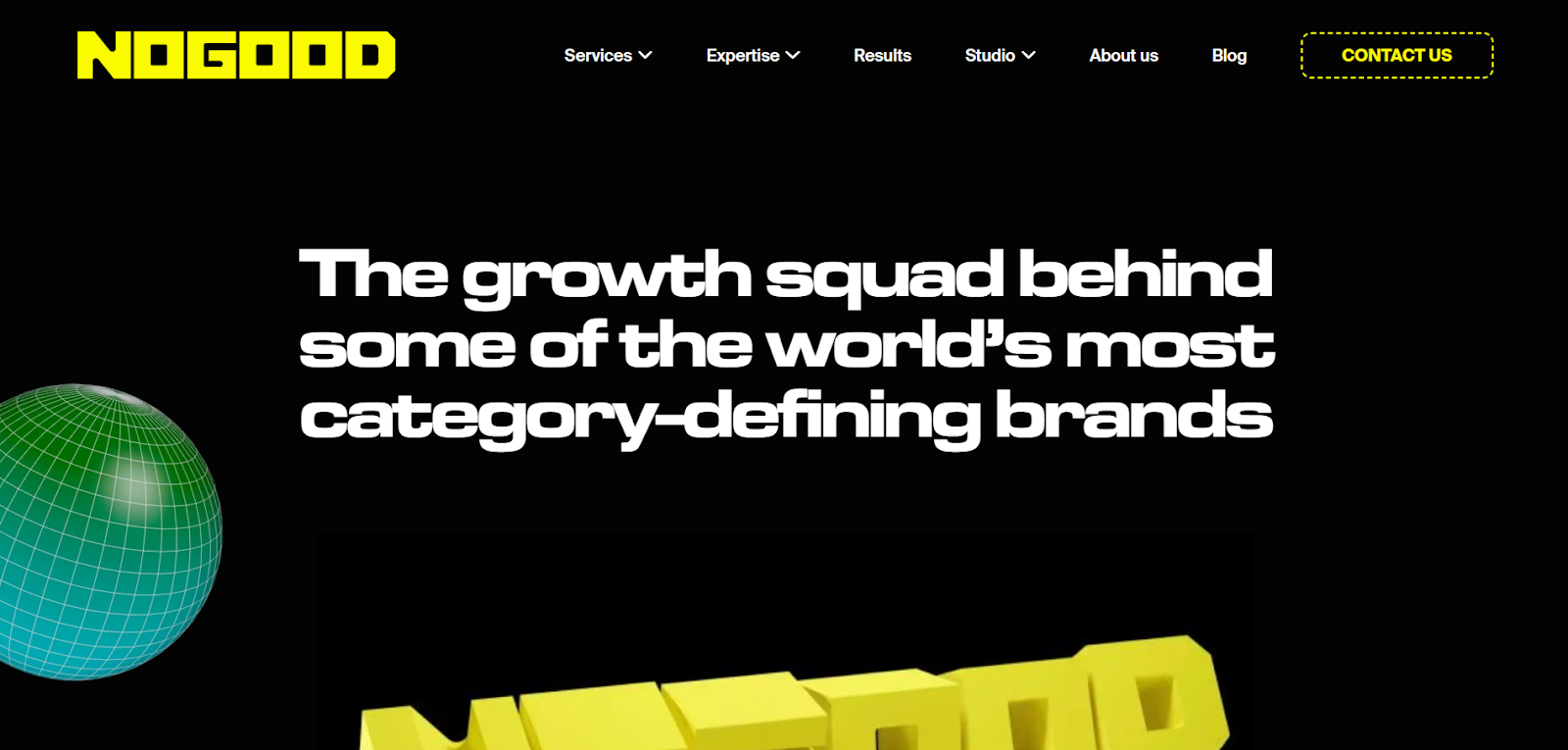  NoGood growth agency homepage featuring category-defining brand strategies and AEO expertise