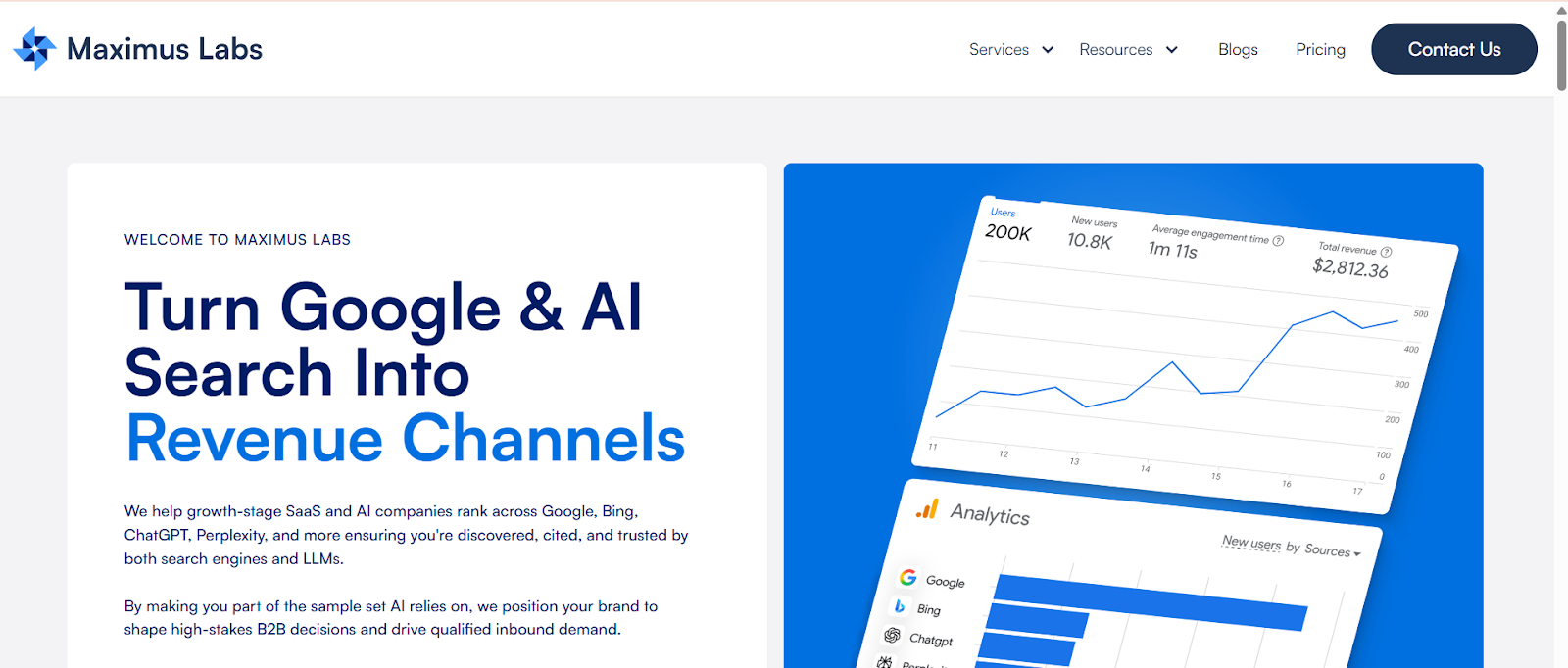  Maximus Labs AEO agency homepage showing revenue-focused AI search optimization for B2B SaaS companies