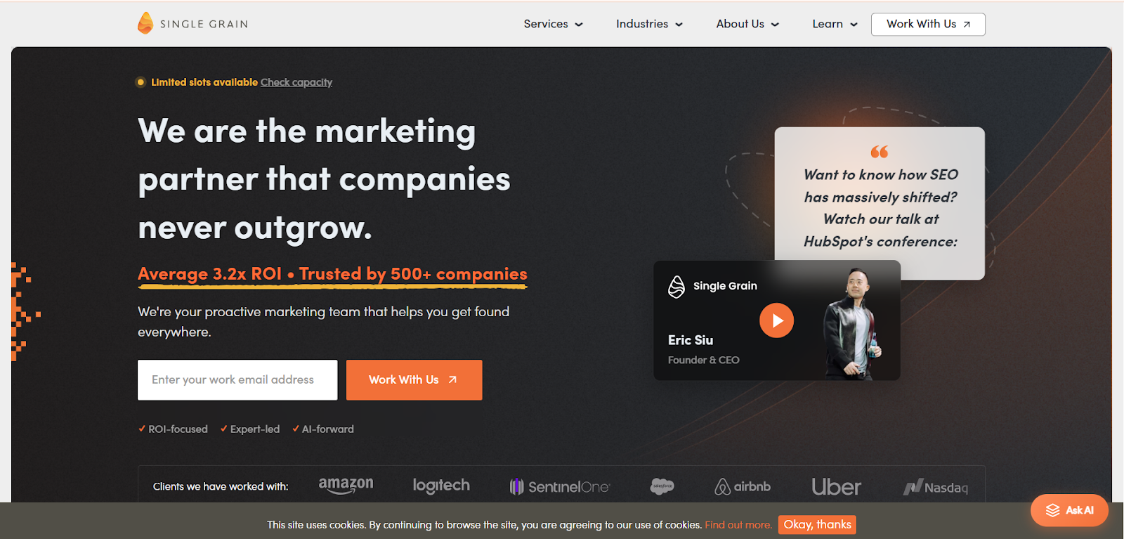 Single Grain marketing agency homepage featuring integrated AEO services and growth strategies