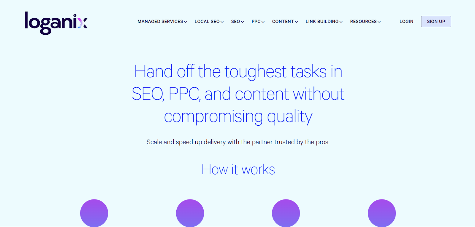 Loganix SEO services homepage showing managed SEO, PPC, and white-label link building solutions