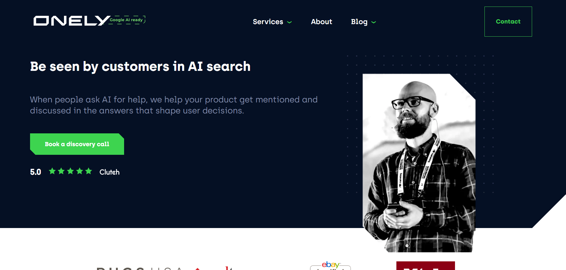 Onely AI search optimization agency homepage emphasizing customer visibility in AI-powered search engines