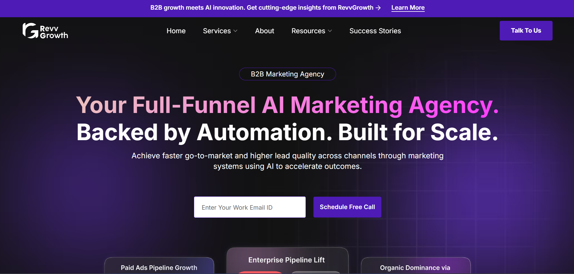Revv Growth full-funnel AI marketing agency homepage highlighting automation and B2B growth innovation