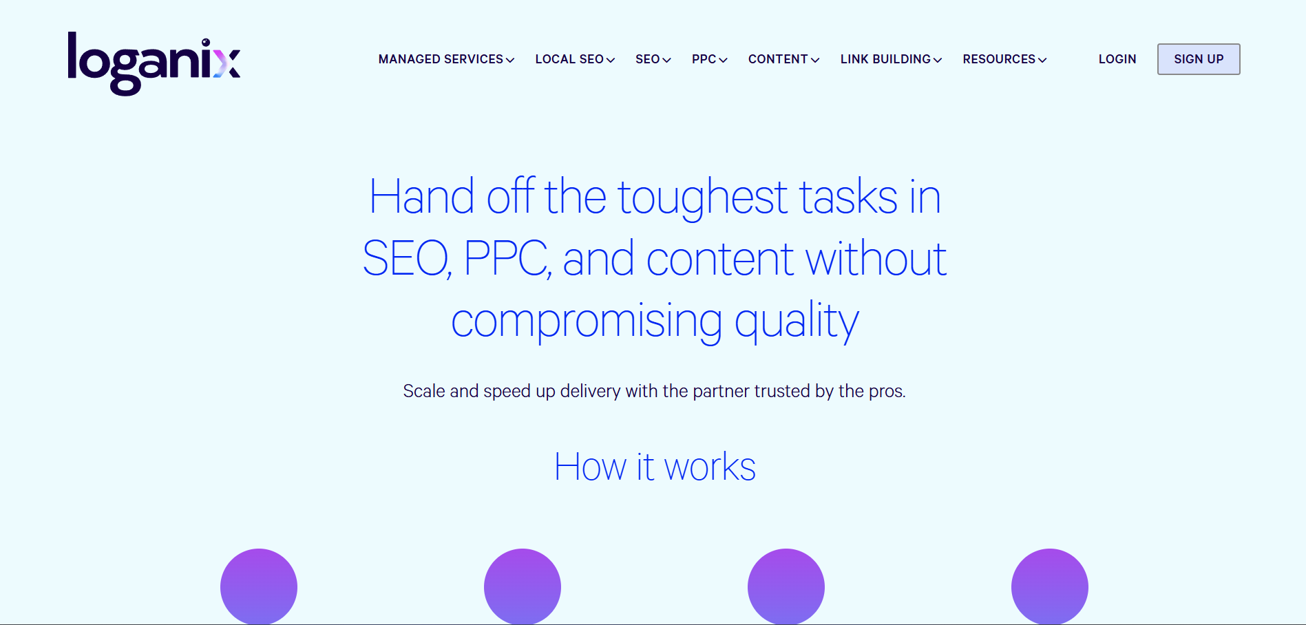  Loganix managed SEO services homepage for white-label SEO, PPC, and content without compromising quality