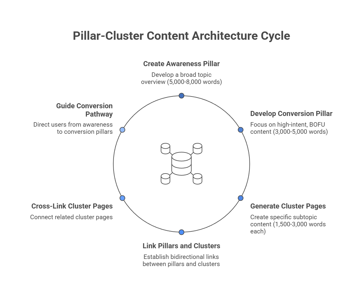Pillar-cluster content architecture cycle showing awareness pillar, conversion pillar, cluster pages, and strategic internal linking