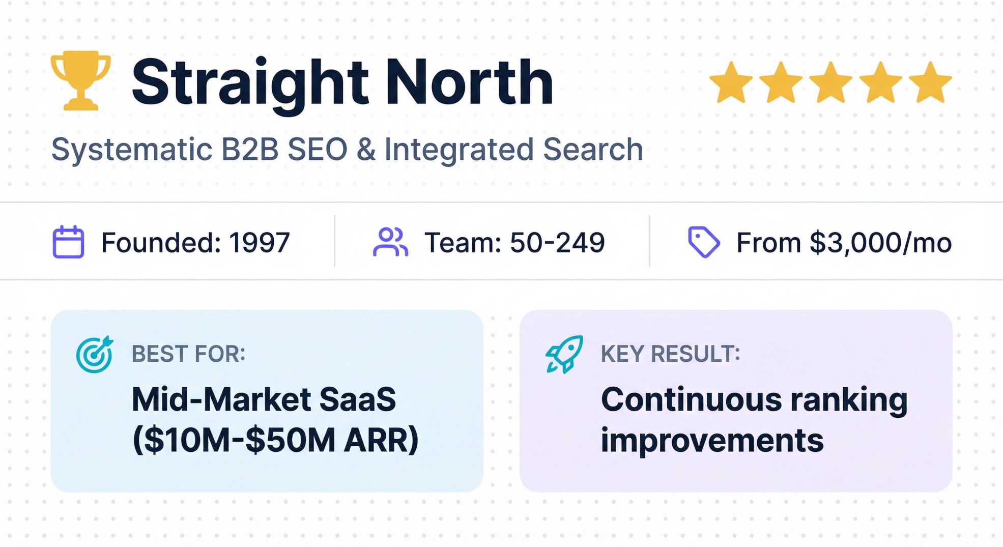 Straight North systematic B2B SEO agency profile established 1997 with integrated search strategy from $3,000/mo