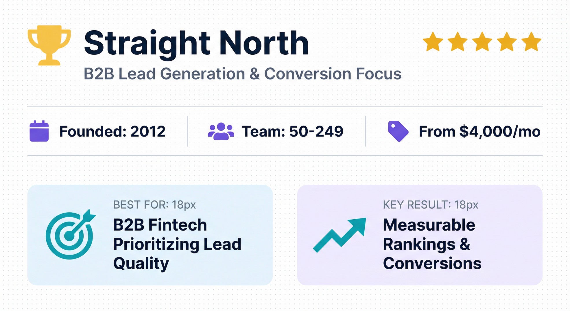 Straight North B2B fintech lead generation agency profile, founded 2012, team 50-249, from $4,000/mo, conversion focus