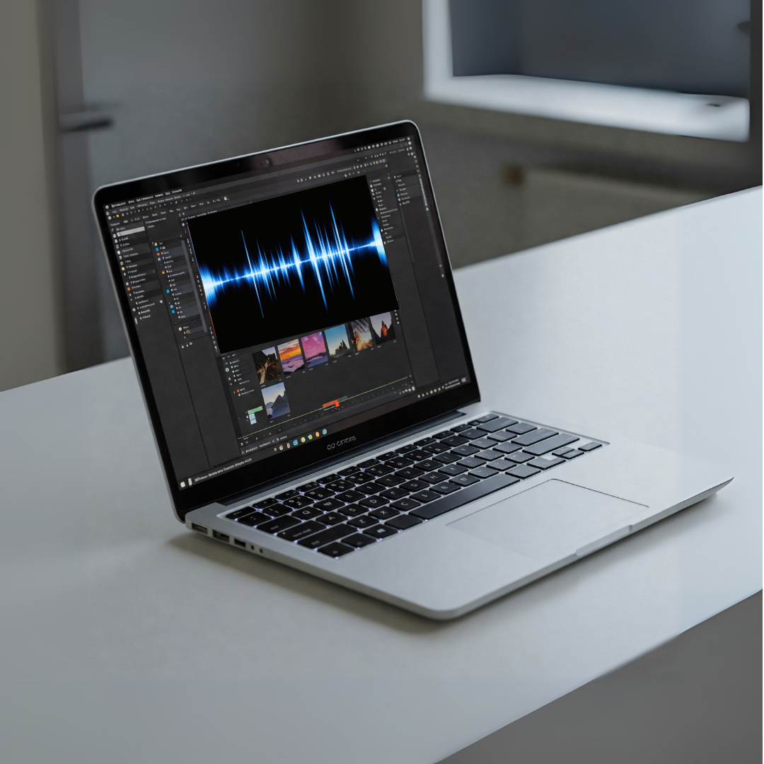 Illustration d’un montage de podcast avec logiciel d’édition audio, montrant des pistes sonores et outils professionnels pour optimiser la qualité du contenu audio.