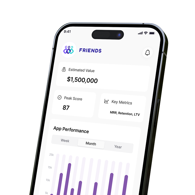 An example of a mobile experience of App Peak's valuation and PeakScore for a mobile app.  