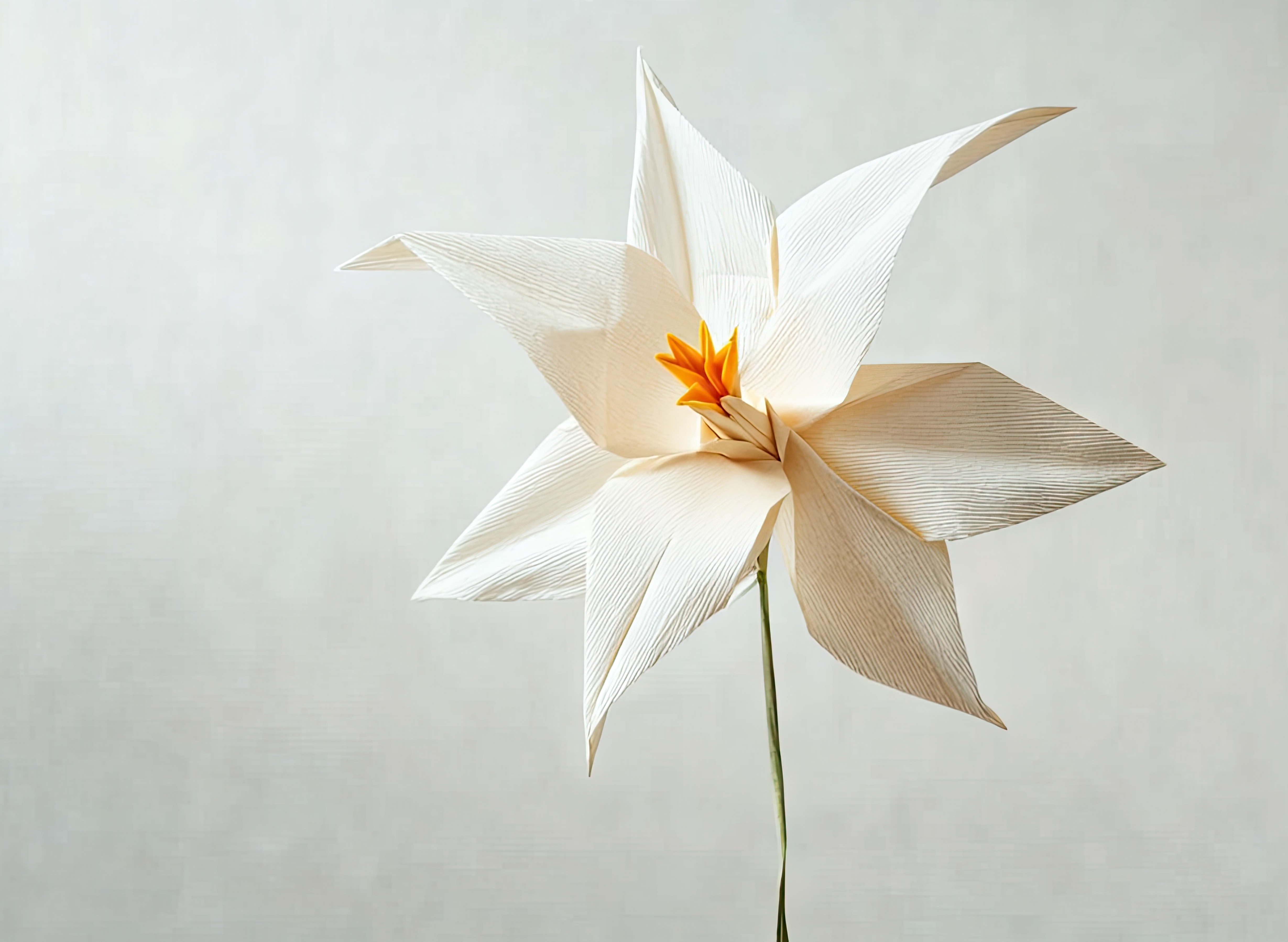 Origami narcissus flower on muted gray background