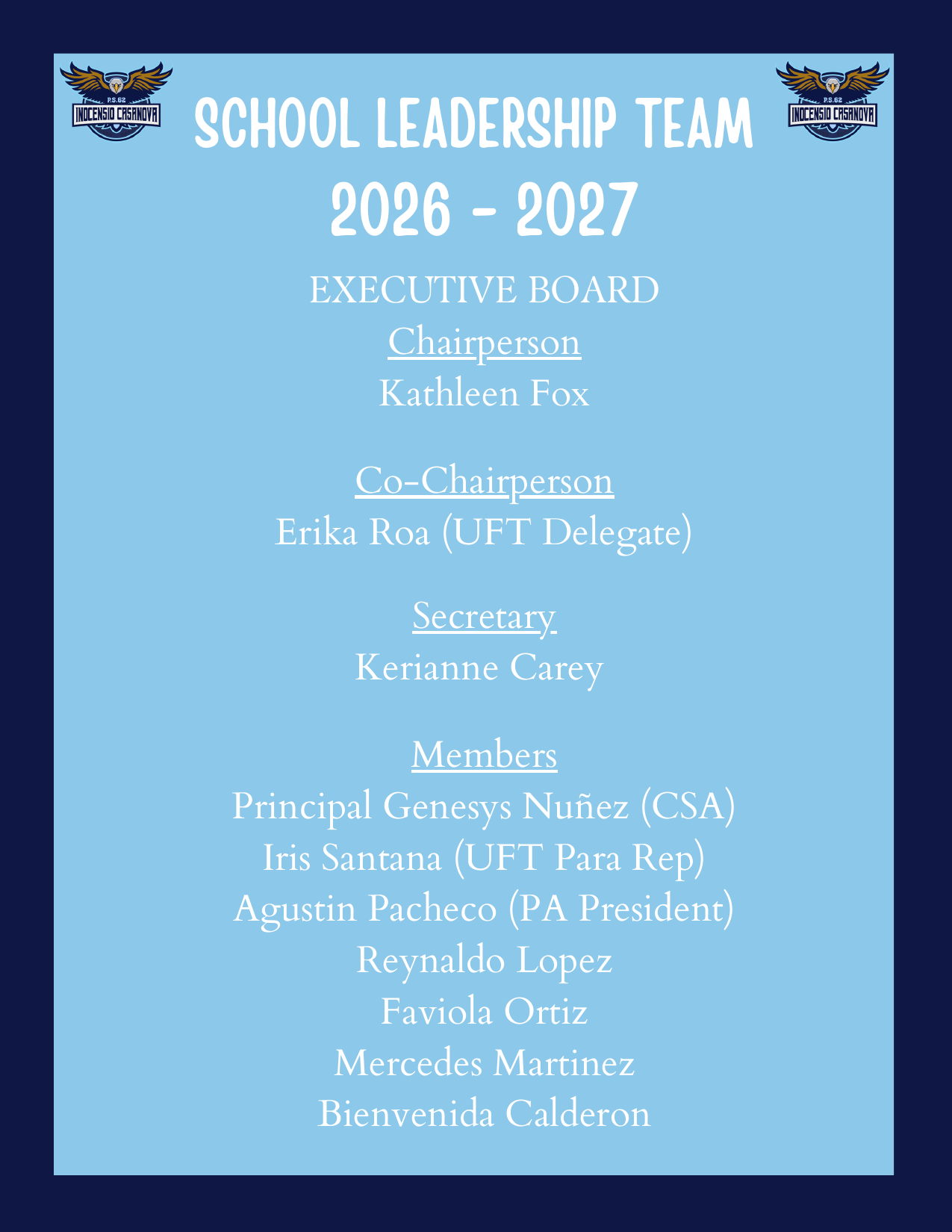 School Leadership Team 2026 to 2027 members and executive board