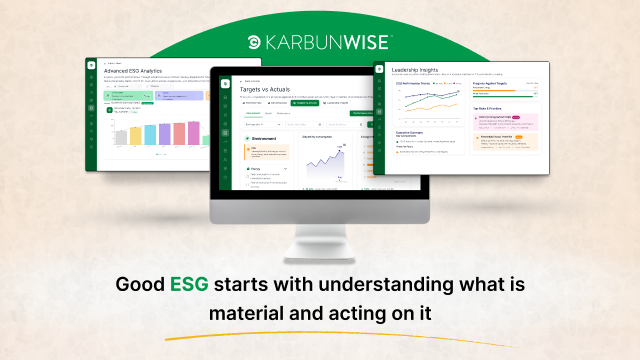 KarbunWise ESG platform, showing materiality analytics, target tracking, and leadership reporting