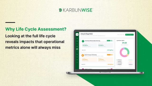 KarbunWise life cycle assessment tool, showing stage-by-stage impact tracking for a product