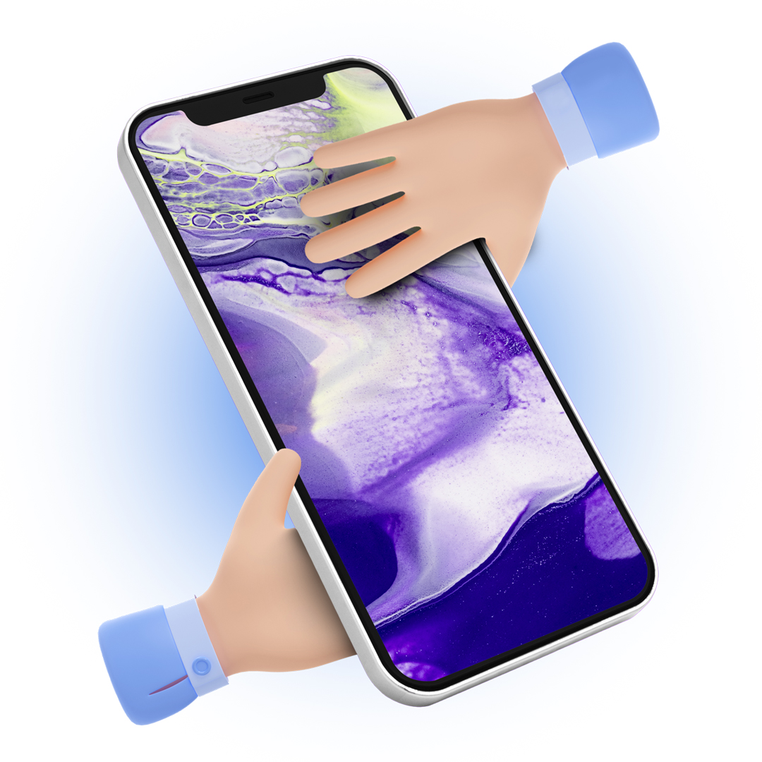 Imagem de um celular ao lado da imagem de uma mulher sorrindo com um celular na mão