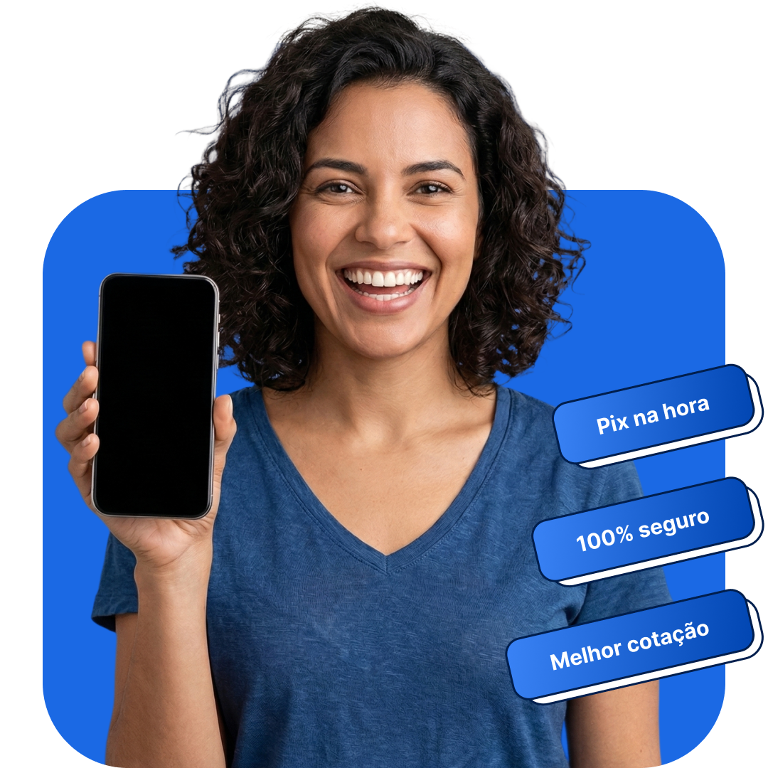 Imagem de um celular ao lado da imagem de uma mulher sorrindo com um celular na mão