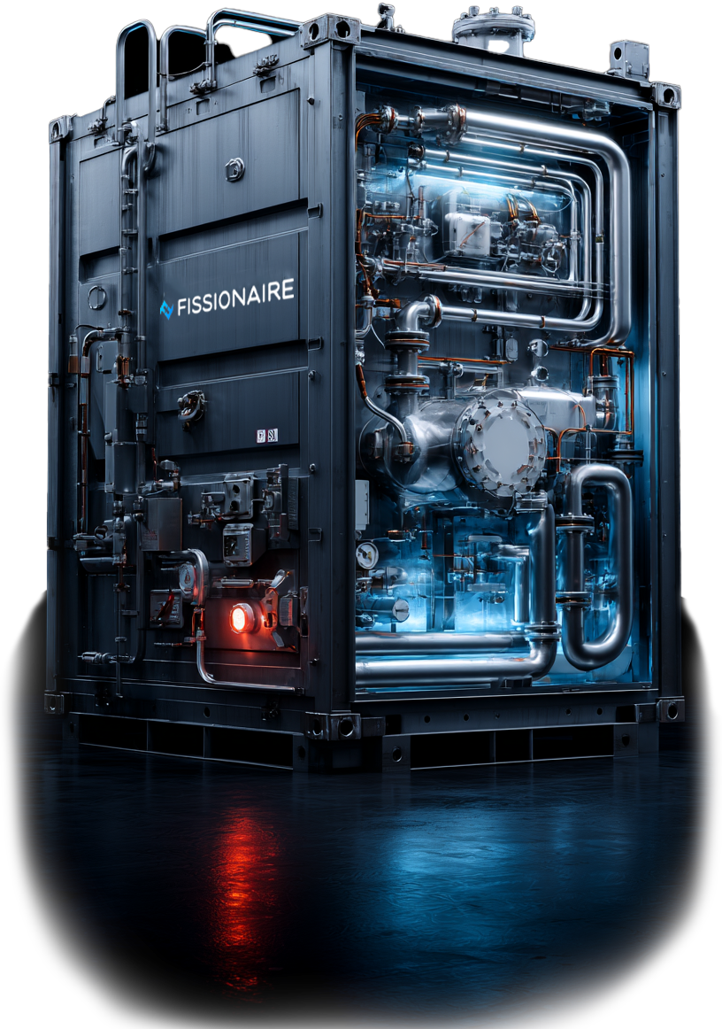 Industrial nuclear reactor unit with glowing pipes and the Fissionaire logo on its metal exterior.