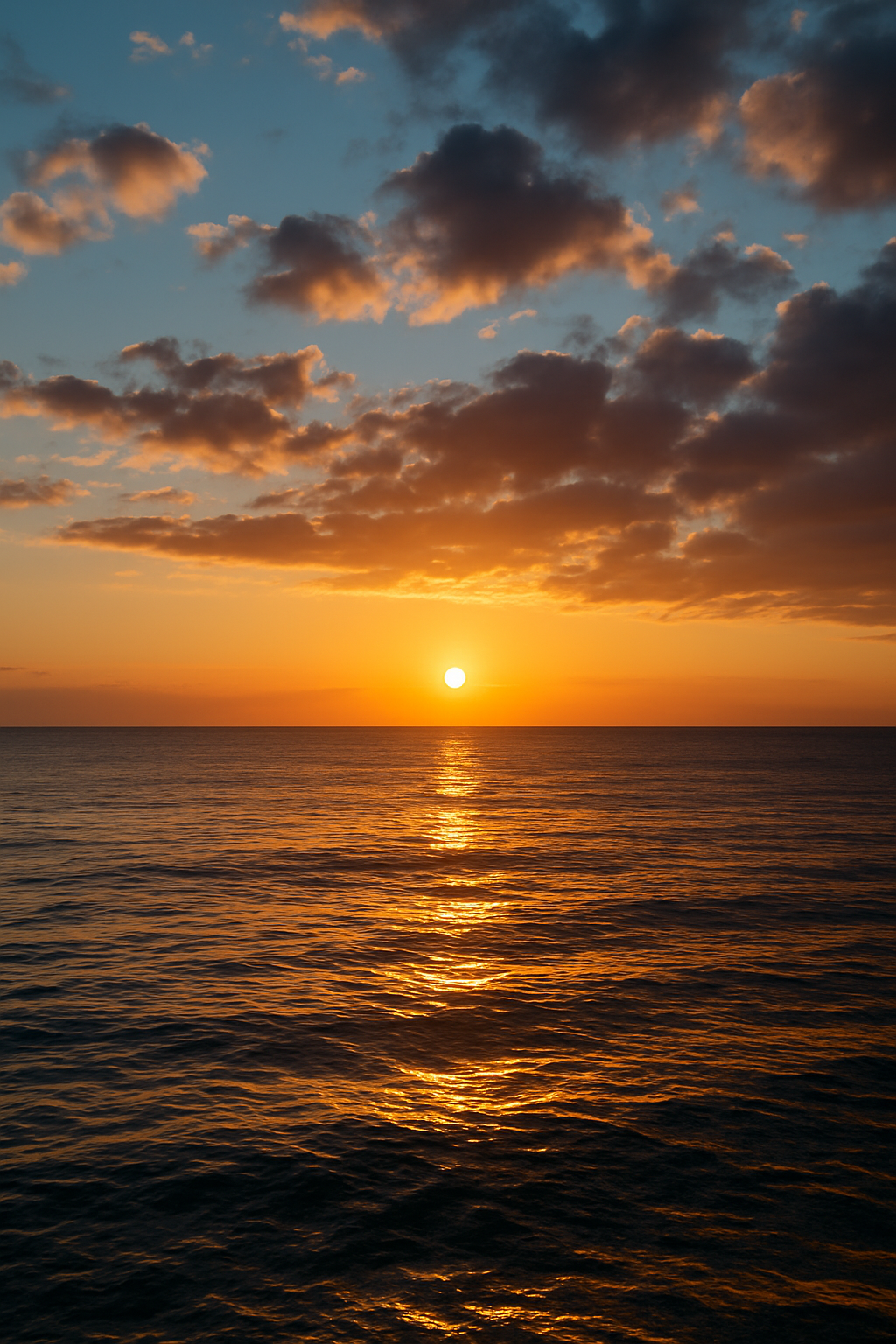 Sun setting over calm ocean waters with scattered dark clouds in the sky.