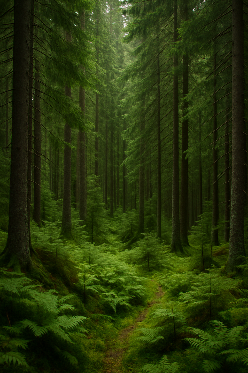 Dense green forest with tall pine trees and a narrow dirt path winding through lush ferns and moss.