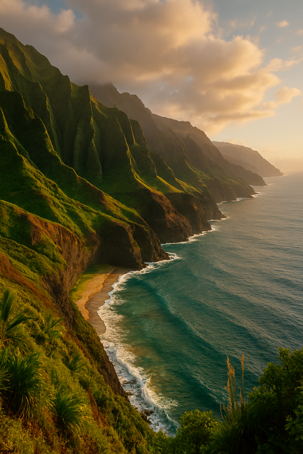 Sunlit steep green cliffs along a coastline with waves crashing on a narrow beach under a partly cloudy sky.