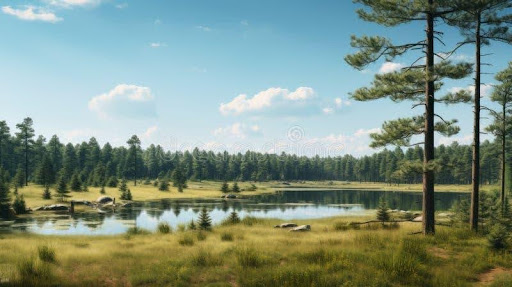 Calm lake surrounded by pine trees under a partly cloudy blue sky.