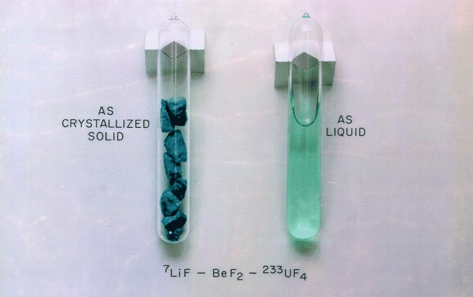 Two vertical glass tubes: the left tube shows solid blue crystalline chunks labeled 'As Crystallized Solid', and the right tube contains a blue-green liquid labeled 'As Liquid', with chemical formula 7LiF - BeF2 - 233UF4 below.