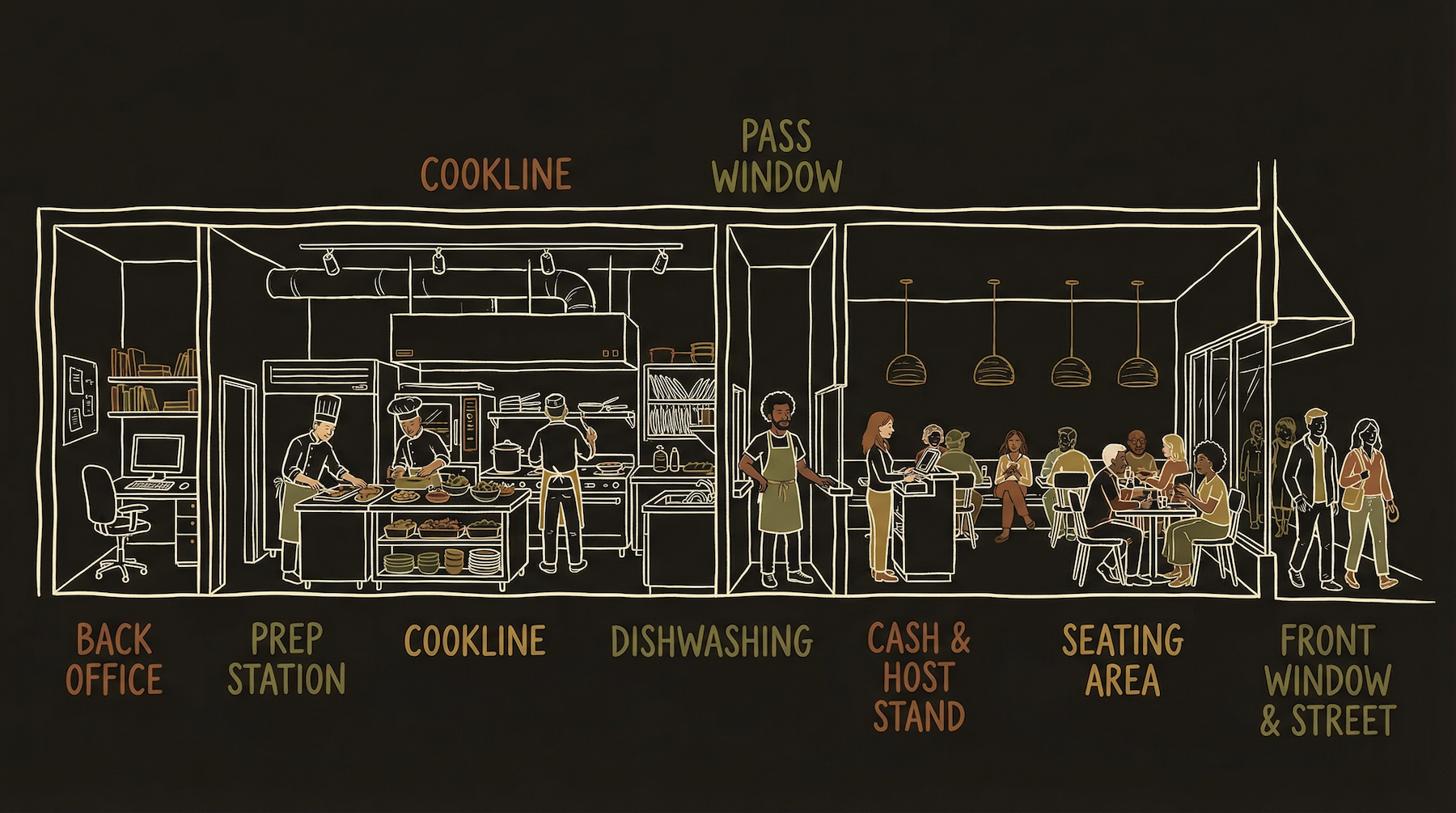 Restaurant cross-section mapped to software architecture