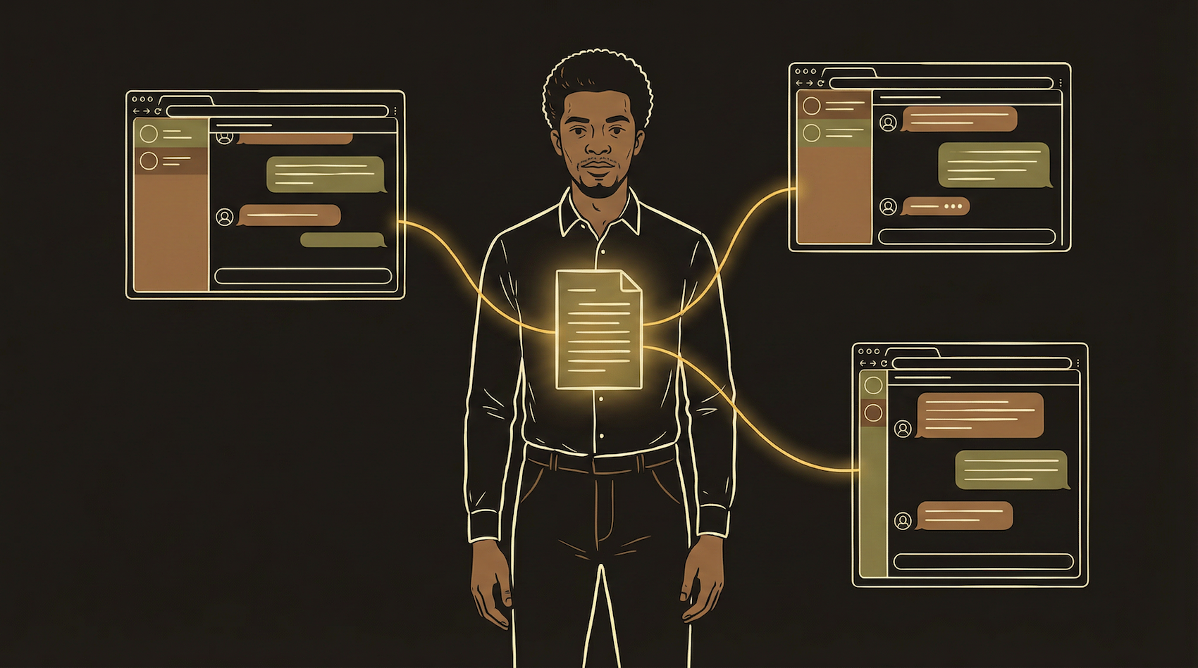 Protagonist at a desk with documentation flowing as golden threads connecting three separate AI chat windows — the docs are the bridge