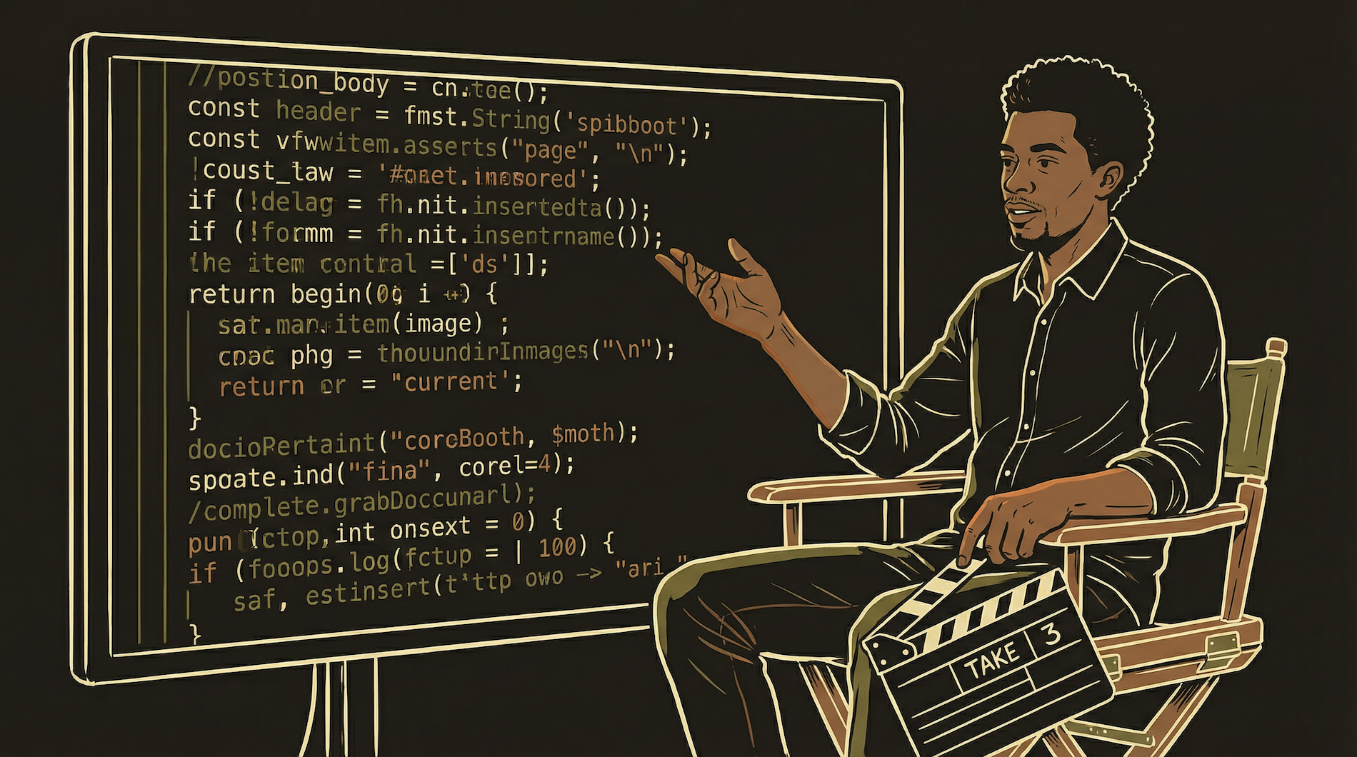 Protagonist in a director's chair facing a wall of code instead of a film set, clapperboard in hand