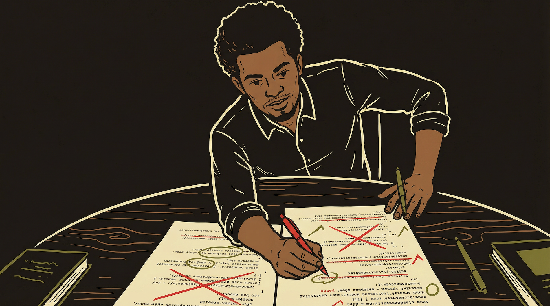 Protagonist reviewing code on a screen with a red pen, crossing out bad lines and circling good ones like an editor marking up a manuscript
