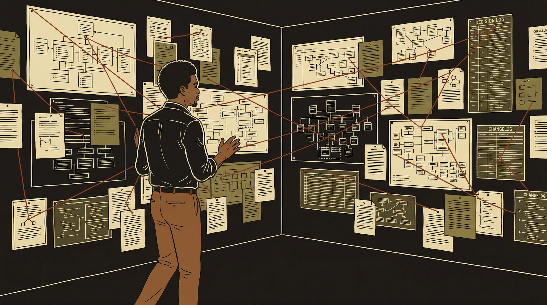 Protagonist standing before a wall of organized documentation binders — each labeled by system area — like a war room command center