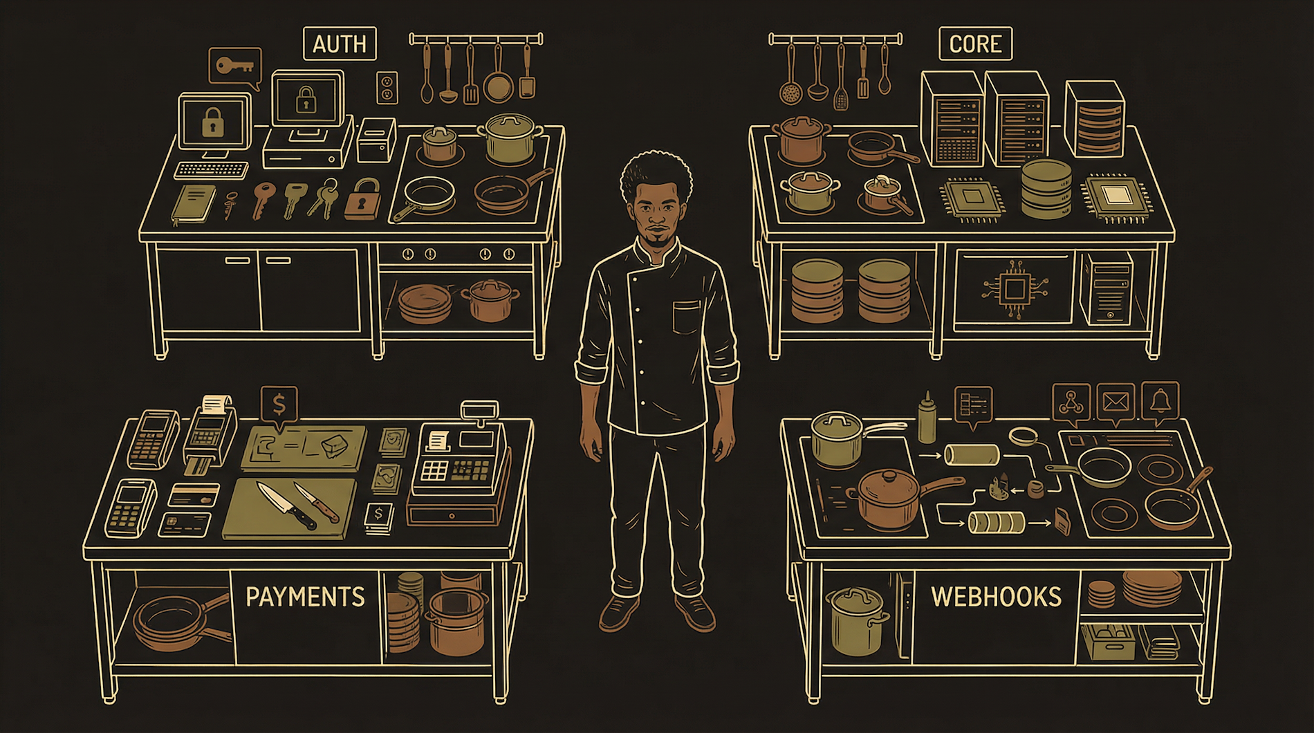 Protagonist standing in a professional kitchen with four separate cooking stations, each labeled with a different backend function