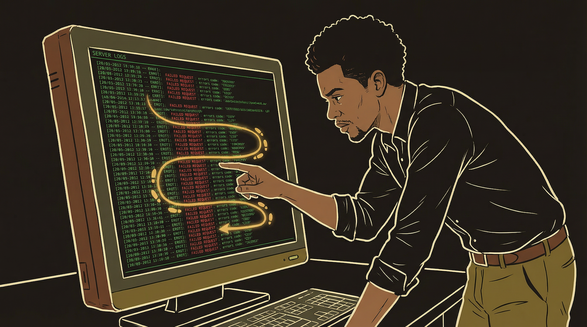 Protagonist reading server logs on a terminal, tracing the path of a failed request through highlighted log entries